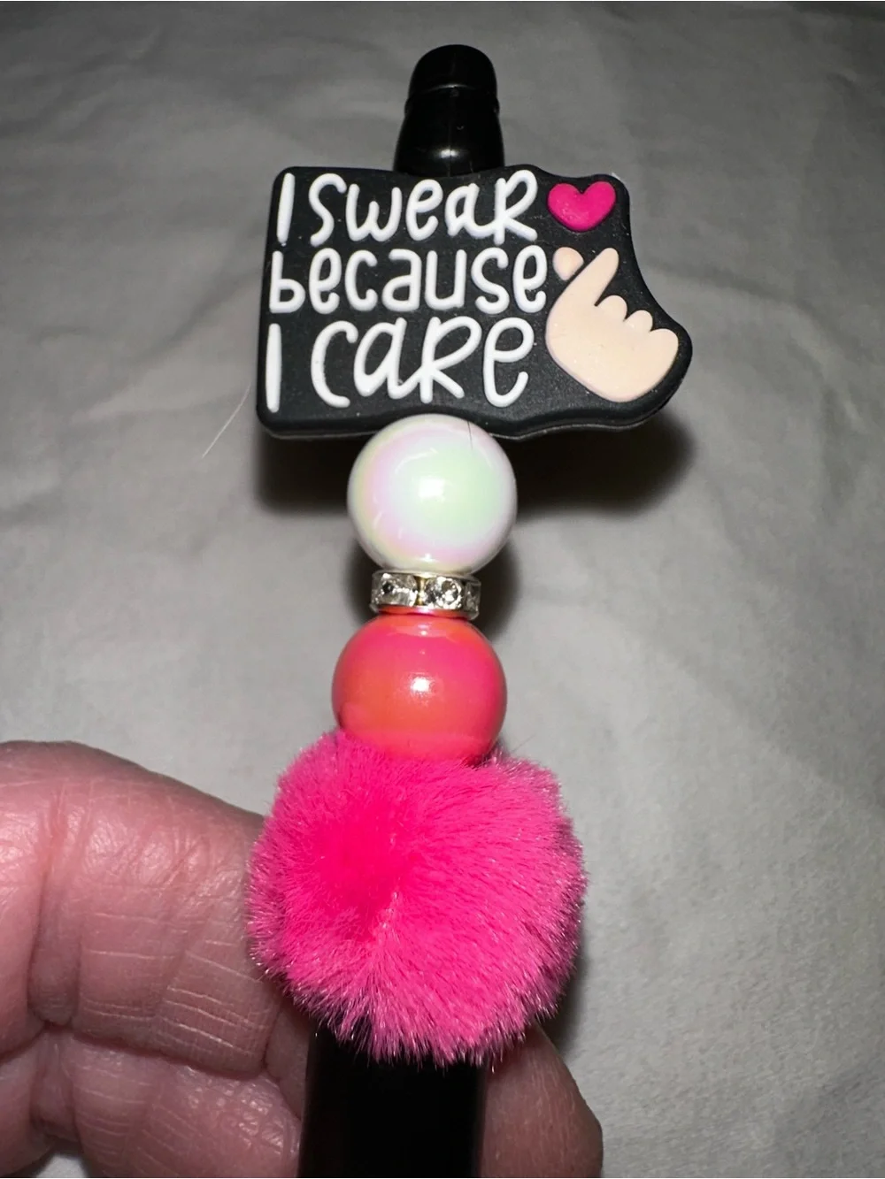 I Swear Because I Care Pink Fuzzy Black Ballpoint Pen